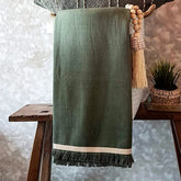 Dark Green Cotton Throw with Fringe | 140×200cm Elegant Soft Blanket for Sofa & Bed